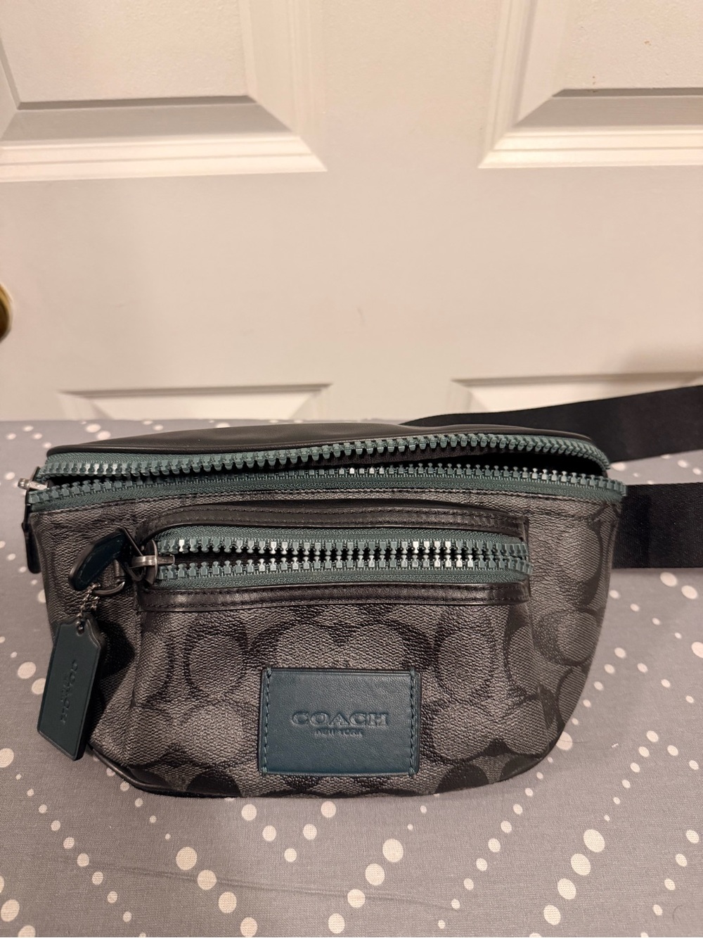 Coach Men’s Charcoal Canvas Belt Bag with Green Trim